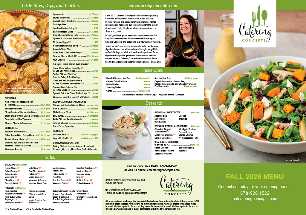 EAT Catering Concepts Fall 2026 menu, page 1: little bites, dips, platters, sliders, sides, beverages and desserts