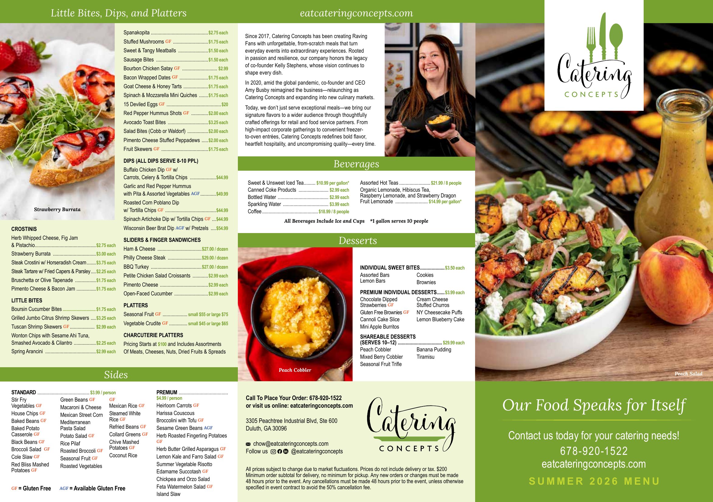 EAT Catering Concepts Summer 2026 menu, page 1: little bites, dips, platters, sliders, sides, beverages and desserts