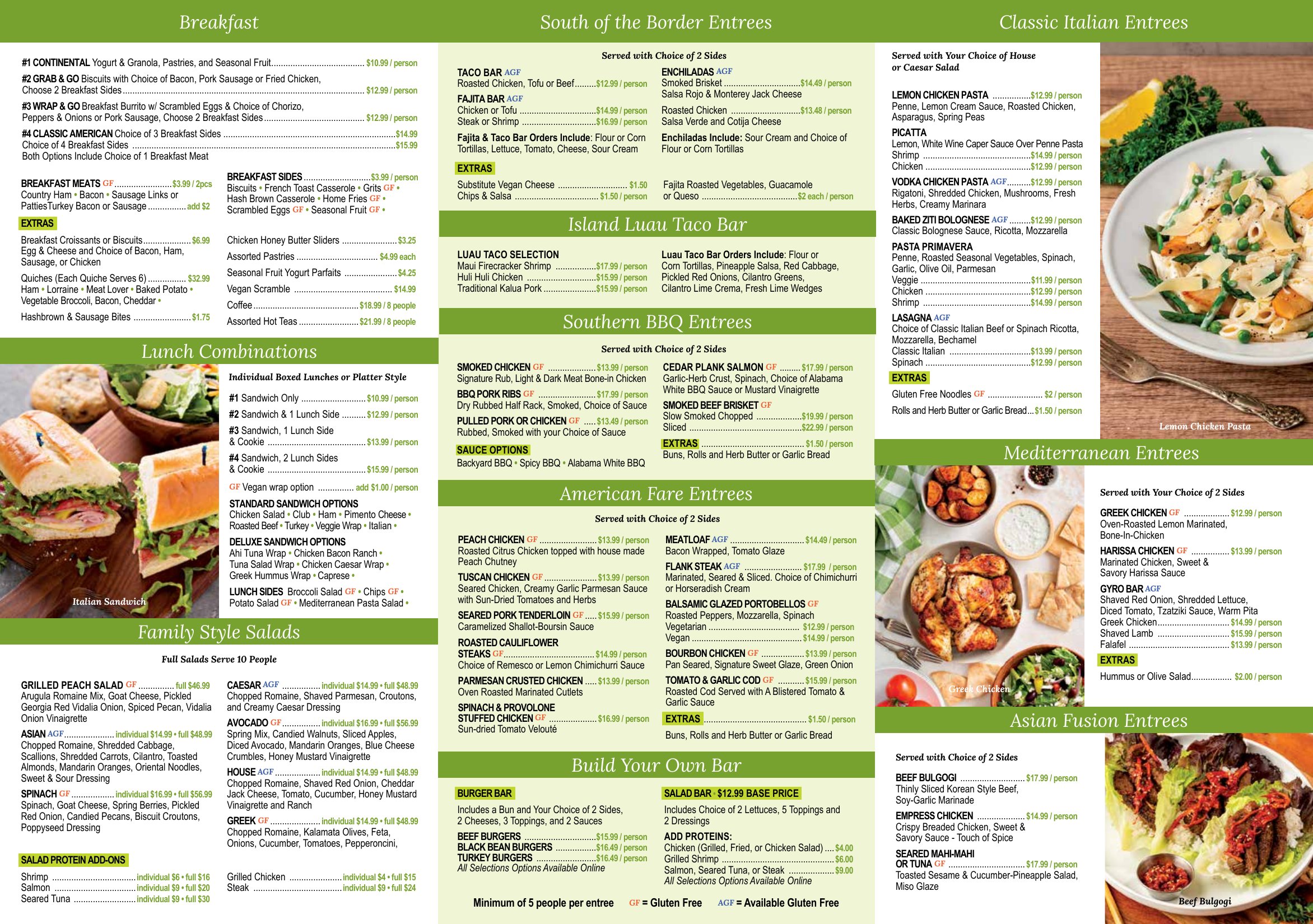 EAT Catering Concepts Summer 2026 menu, page 2: breakfast, lunch combinations, family style salads, Southern BBQ, American fare, Italian, Mediterranean and Asian fusion entrees