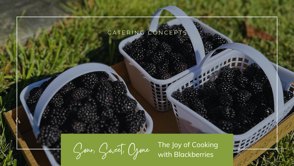 three baskets of blackberries on the ground with the blog title text overlay